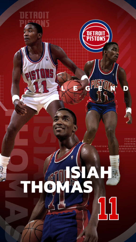 Isiah Thomas Detroit Pistons dynamic wallpaper with action poses red blue background number 11