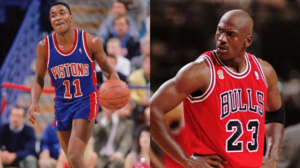 Isiah Thomas Detroit Pistons and Michael Jordan Chicago Bulls classic 90s NBA rivalry wallpaper