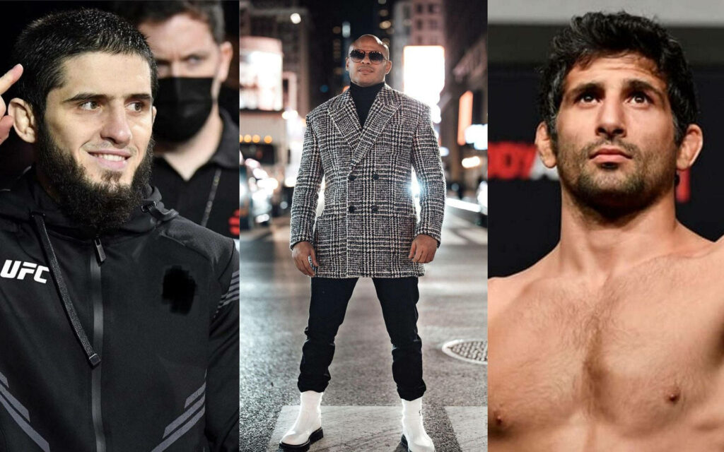 UFC fighters Islam Makhachev and Beneil Dariush in fight stances with stylish Bobby Green wallpaper background