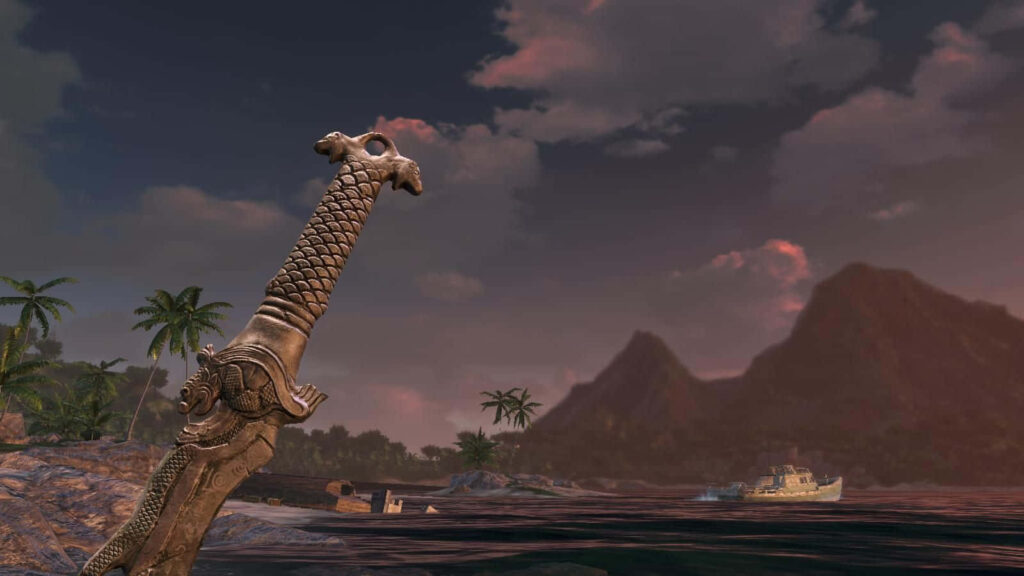 Exotic Sunset Scene with Tribal Machete for Far Cry 3 Game Wallpaper
