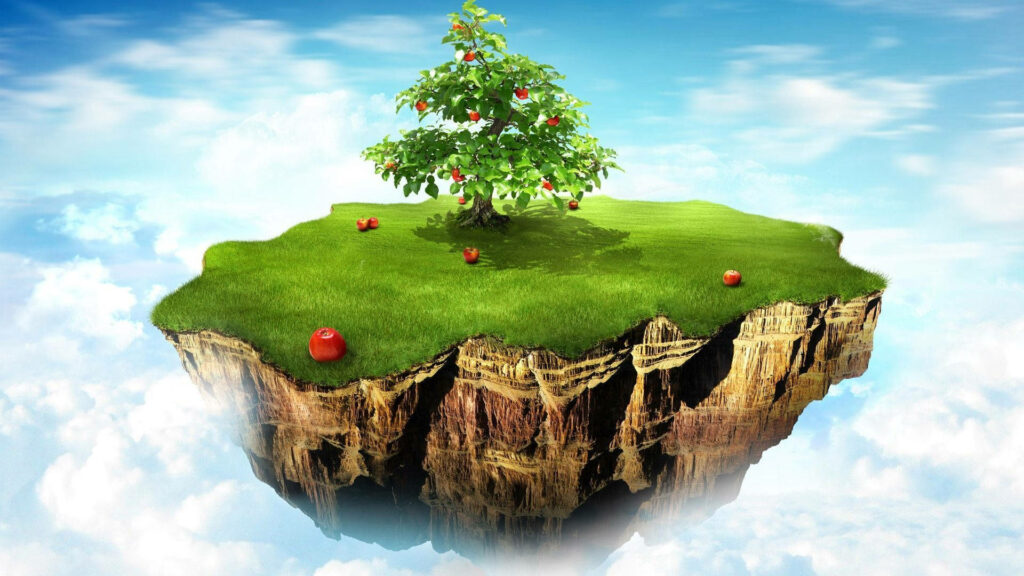 Sky-High Paradise: Captivating 3D Island with Luscious Apple Tree and Billowy Clouds as Backdrop Wallpaper