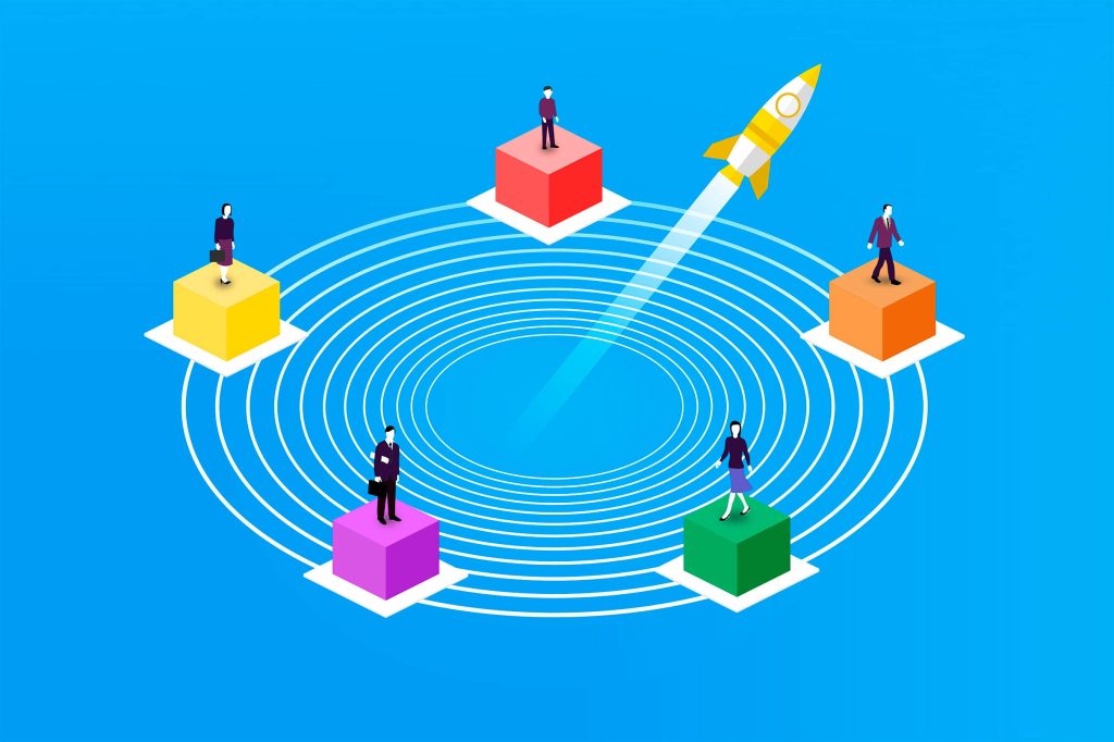 Isometric business figures on colorful cubes with rocket launch symbolizing startup growth wallpaper