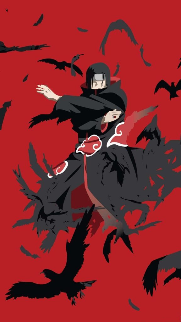 Itachi Uchiha Genjutsu wallpaper with Akatsuki cloak and crows on red background anime art