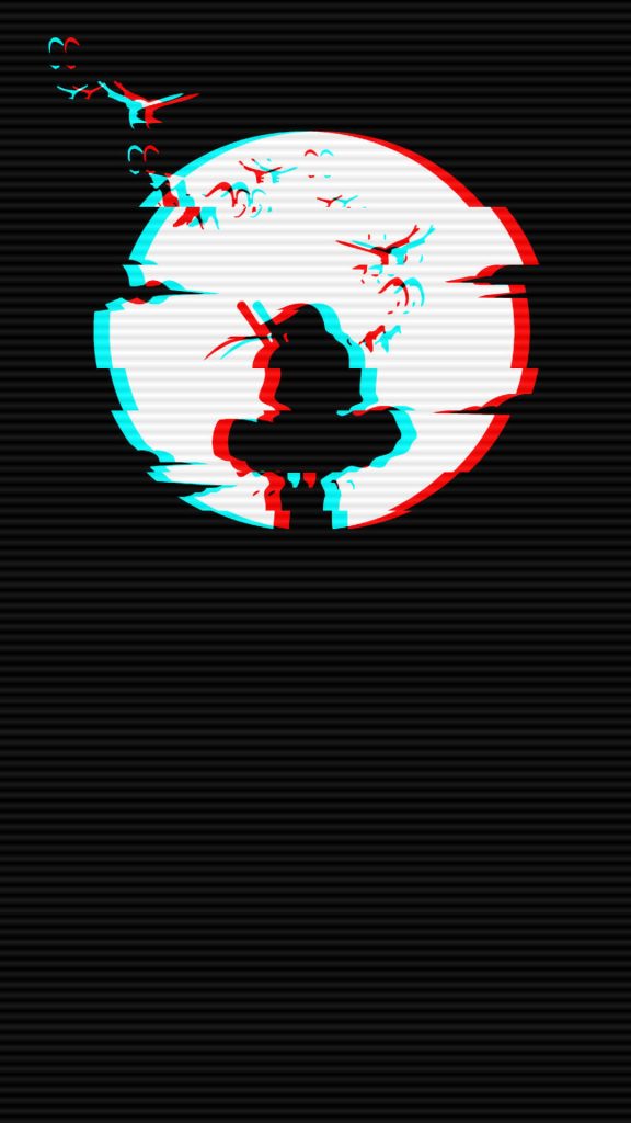 Itachi Uchiha silhouette glitchcore wallpaper moon crows cyber red cyan chromatic aberration