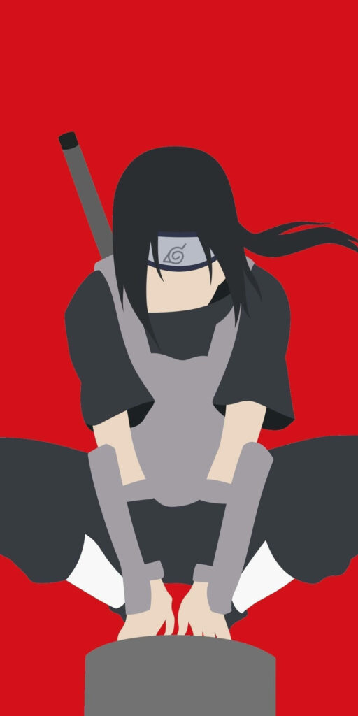 Itachi Uchiha Minimalist Wallpaper: Iconic Pose & Red Background