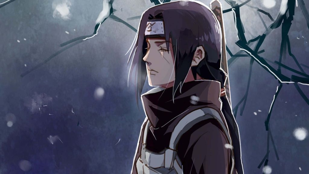 Itachi Uchiha profile with closed eyes in snowy winter landscape anime wallpaper background