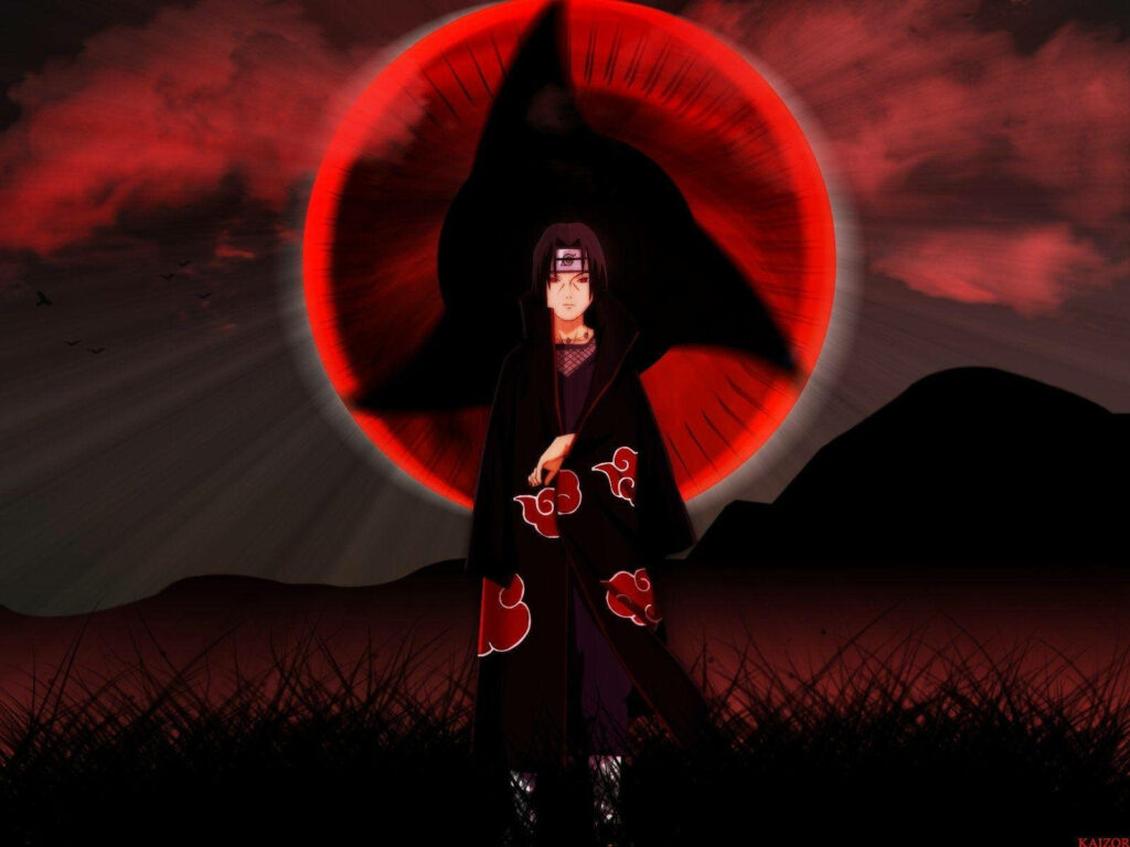 Embracing Shadows: Itachi Sternly Gazes at his Sharingan in the Enigmatic Field Wallpaper