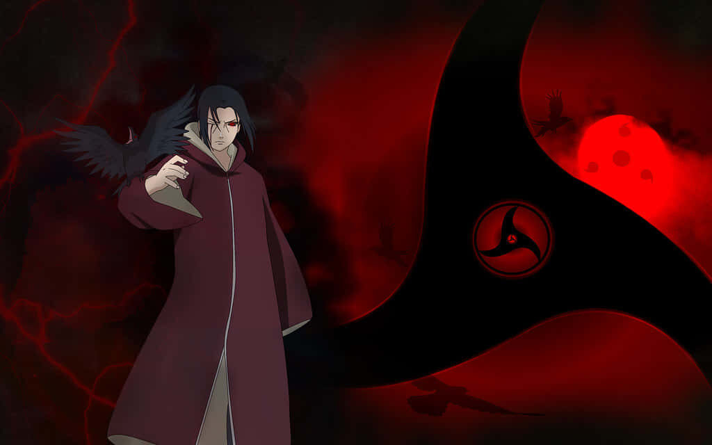 The Ethereal Itachi: A Majestic Anime Character Surrounded by Mystery, with a Commanding Crow and an Eerie Blade, Against the Enigmatic Dark Red Cloudy Sky - A Captivating Itachi Live Background Wallpaper