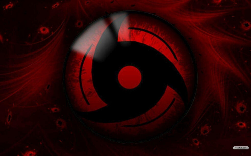 Itachi's Crimson Sharingan Emblem: The Fiery Symbol Composed as a Striking Background Snapshot Wallpaper