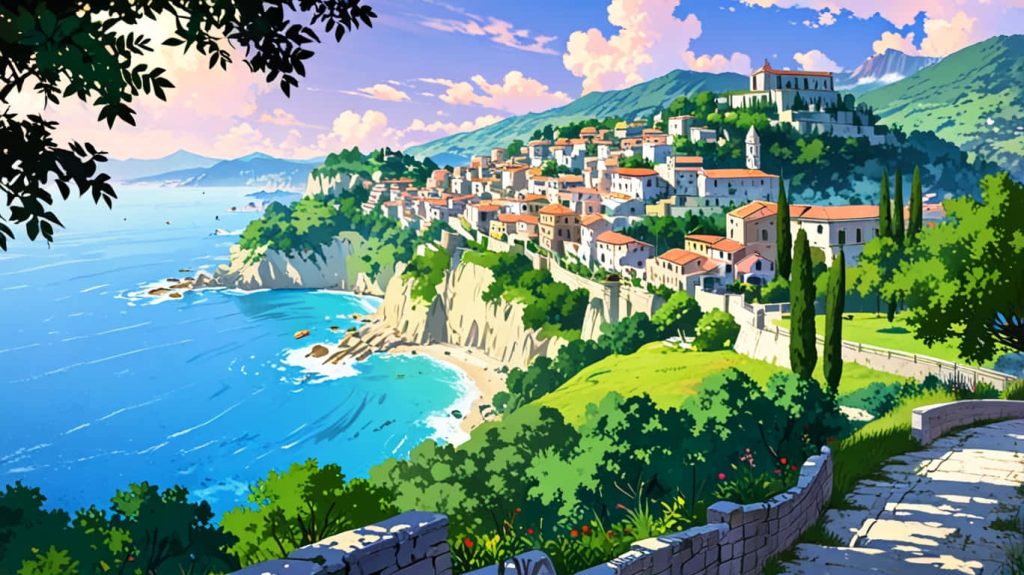 Anime-style animated wallpaper of Italian Riviera cliffside village with sunny Mediterranean sea view