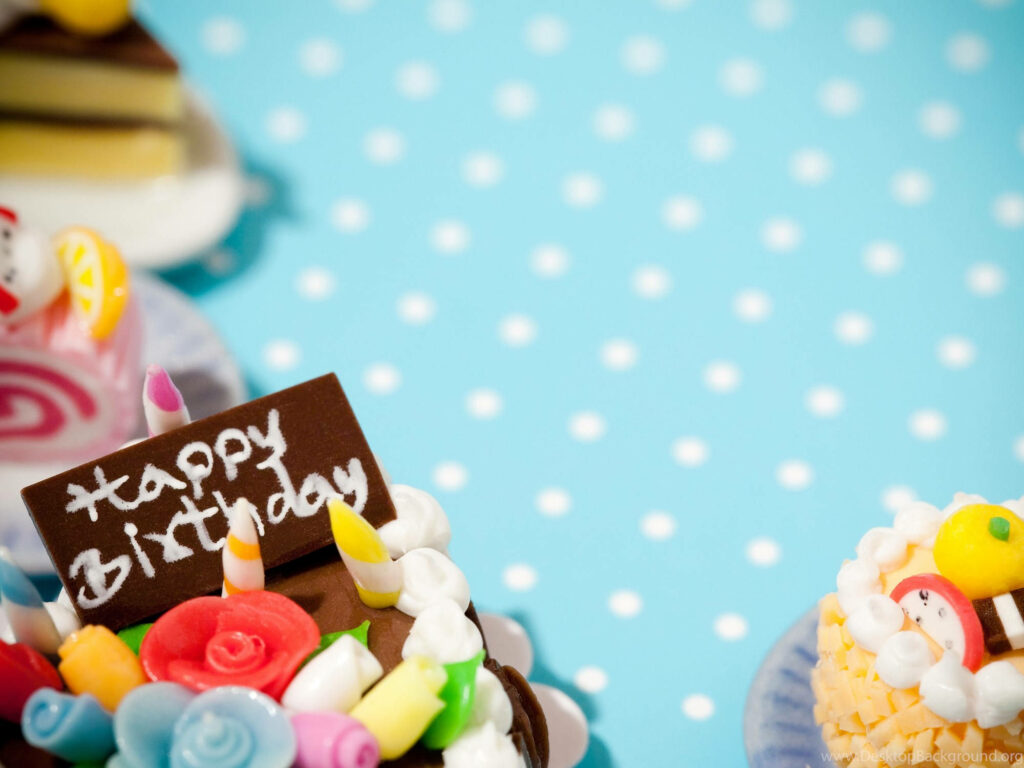 It's My Birthday Celebration: Irresistible Tiny Cakes Adorn a Light Blue Polka Dots Wonderland Wallpaper
