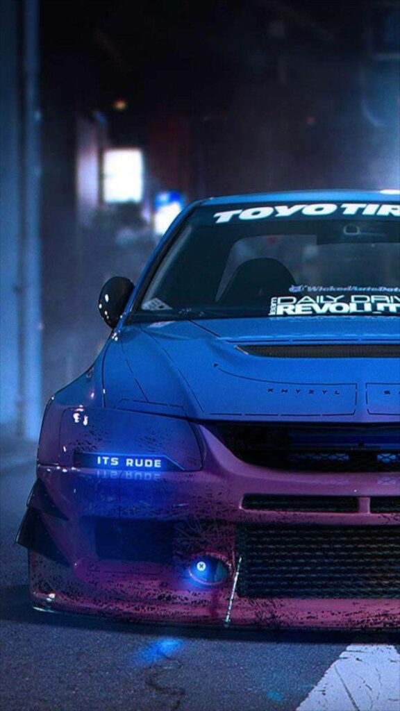 JDM Aesthetic Racer Wallpaper: Sleek Mitsubishi in Urban Neon Style