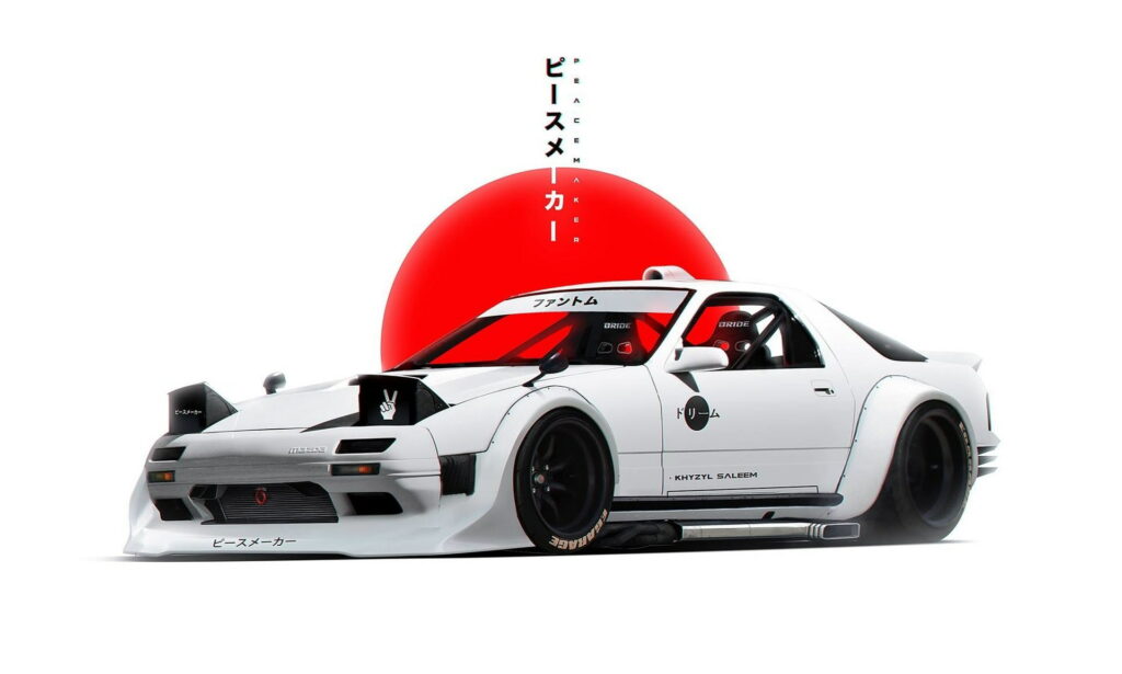 Sleek white Mazda RX-7 FC widebody with JDM drift style and red sun digital wallpaper background