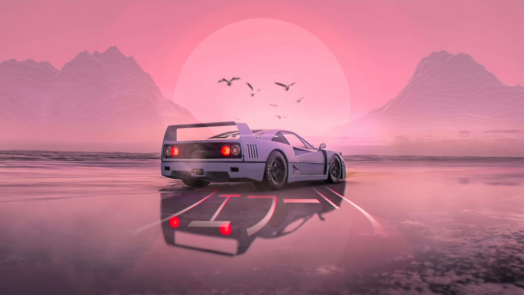 Serene Jdm Vibes: Tuned F40 on a Picture-Perfect Beach Wallpaper