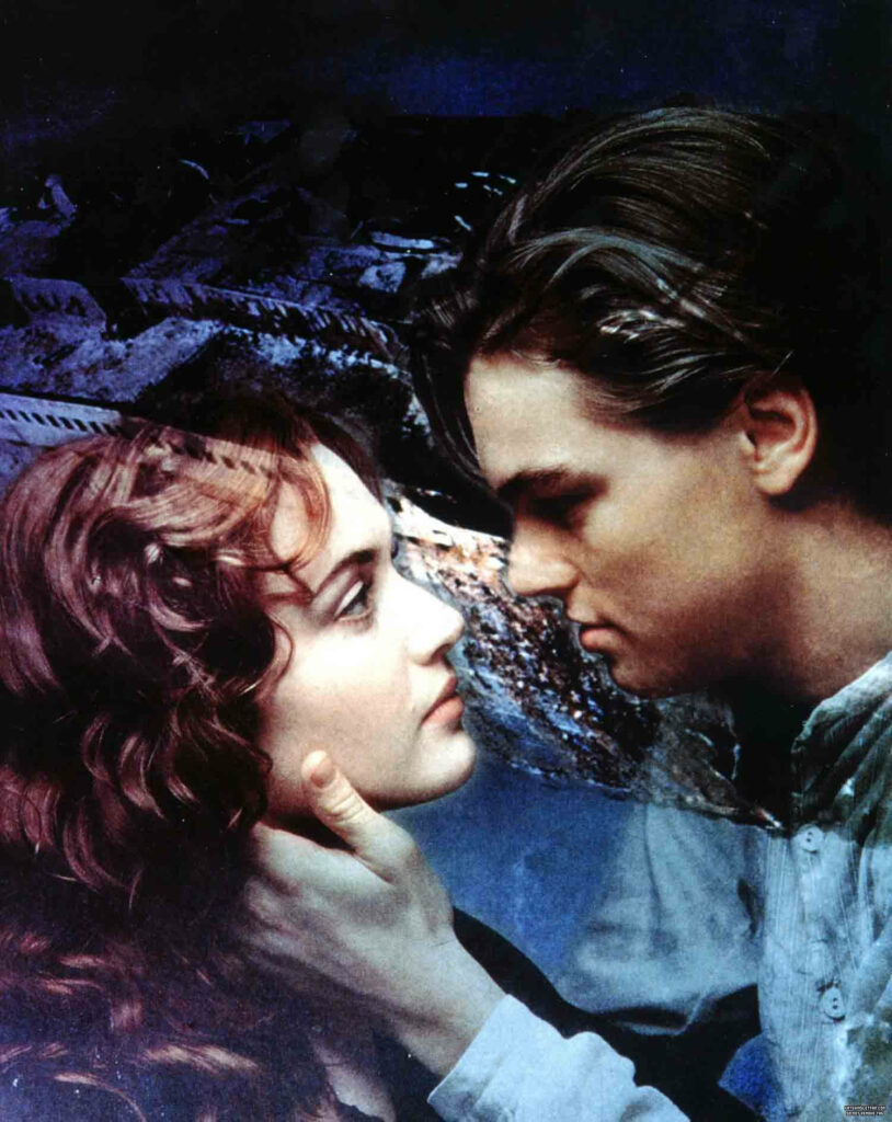 Jack and Rose share a romantic moment on Titanic ship movie wallpaper background