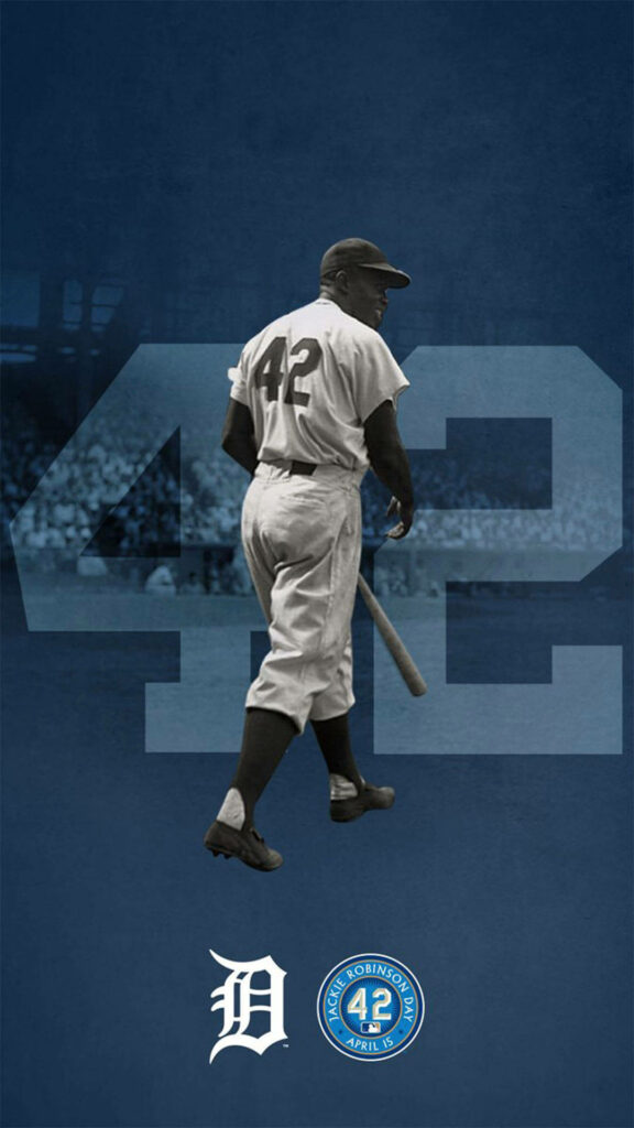 Jackie Robinson in Detroit Tigers 42 jersey with vintage crowd and MLB Jackie Robinson Day badge Wallpaper