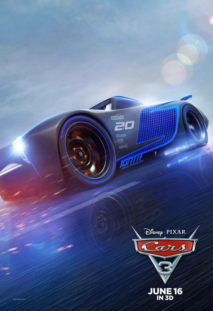 Cars 3 poster wallpaper of Jackson Storm racing fast with blue tones and dynamic lighting effects