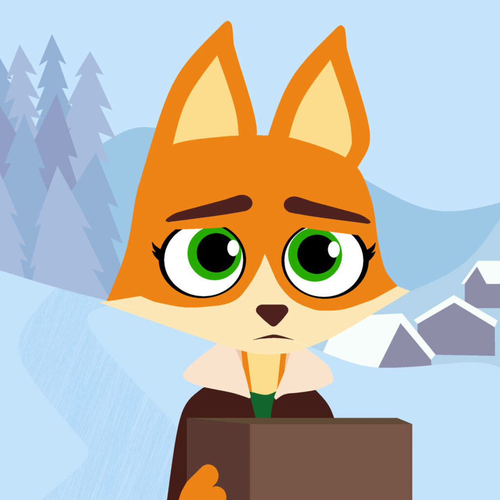 Jade from Arctic Justice in 2D art style with snowy winter village and trees background wallpaper