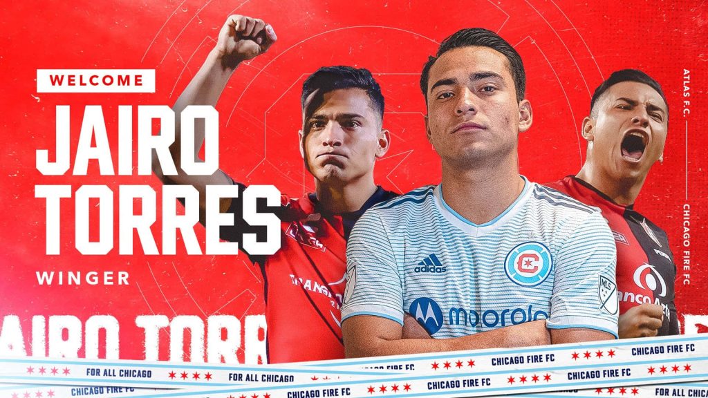 Jairo Torres Chicago Fire FC wallpaper with red background and action shots in Atlas FC jersey