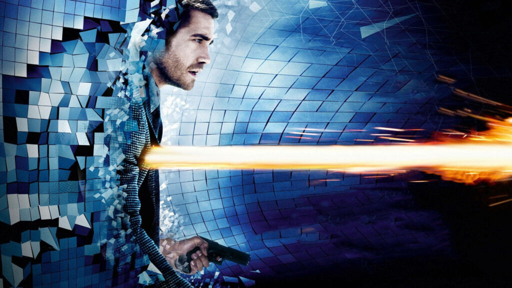 Jake Gyllenhaal emerging from digital wall holding gun with bright energy streak futuristic wallpaper