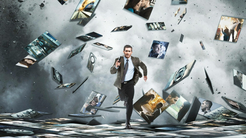 Jake Gyllenhaal running through fragmented scenes in intense suspenseful Source Code wallpaper