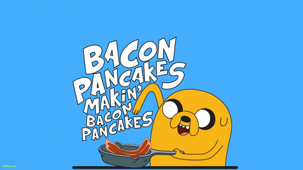 Jake from Adventure Time joyfully making bacon pancakes bright blue background wallpaper