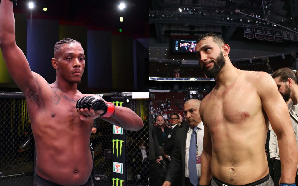 Jamahal Hill and Dominick Reyes intense UFC octagon face off under bright arena lights fight wallpaper