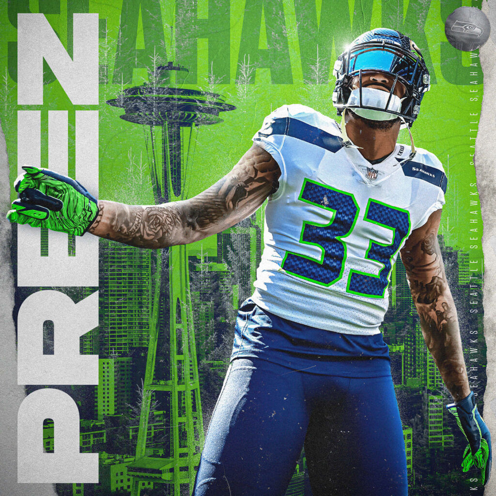 Jamal Adams in Seahawks Uniform with Space Needle Wallpaper Background