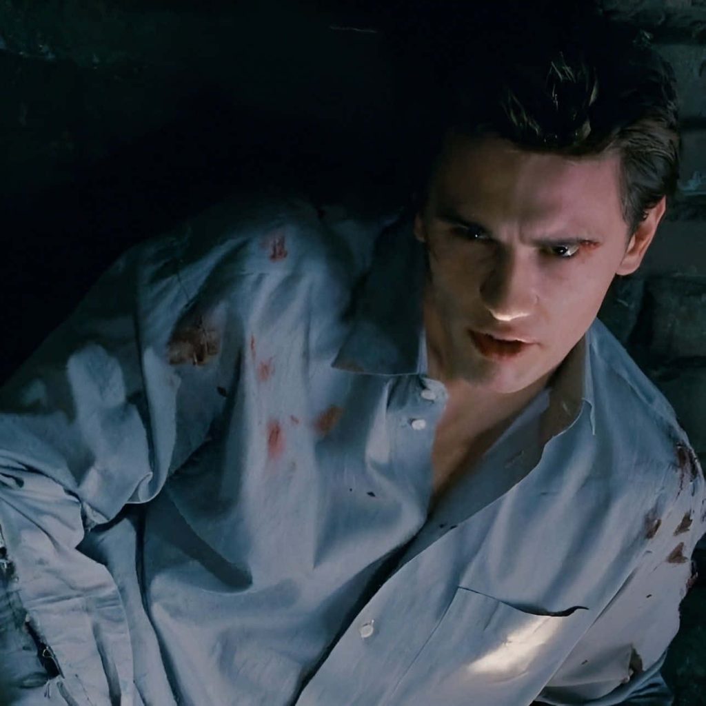 James Franco as Harry Osborn wounded in torn blue shirt moody Spider-Man 3 movie still wallpaper