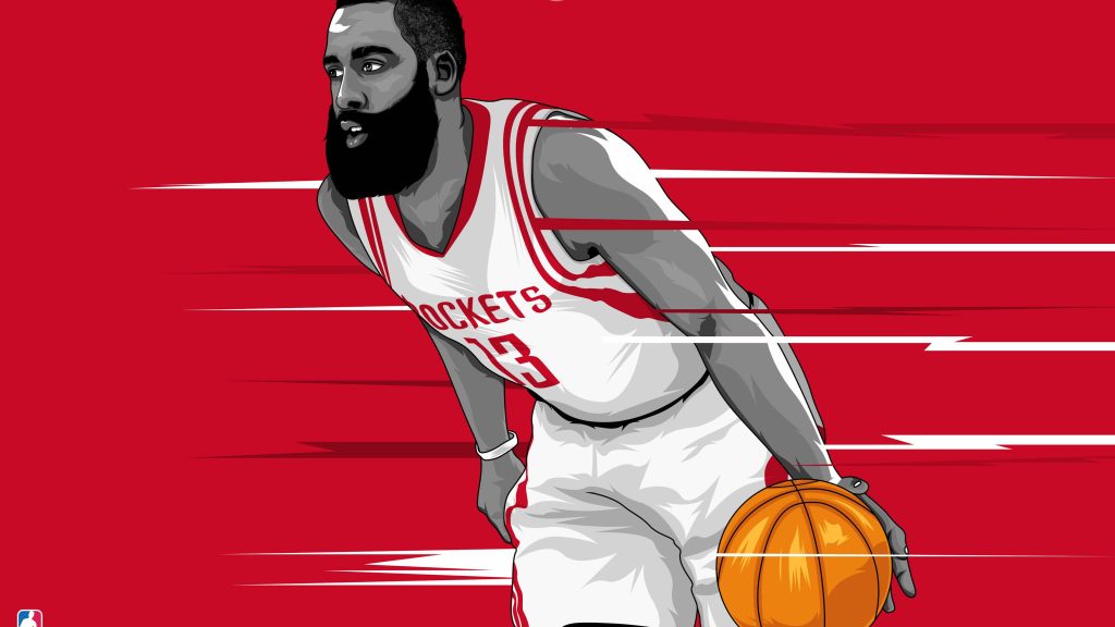 James Harden Houston Rockets digital art with motion blur and bold red basketball wallpaper background