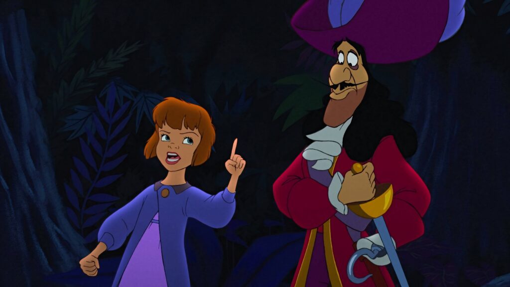 Jane scolds surprised Captain Hook in colorful animated jungle wallpaper confrontation scene