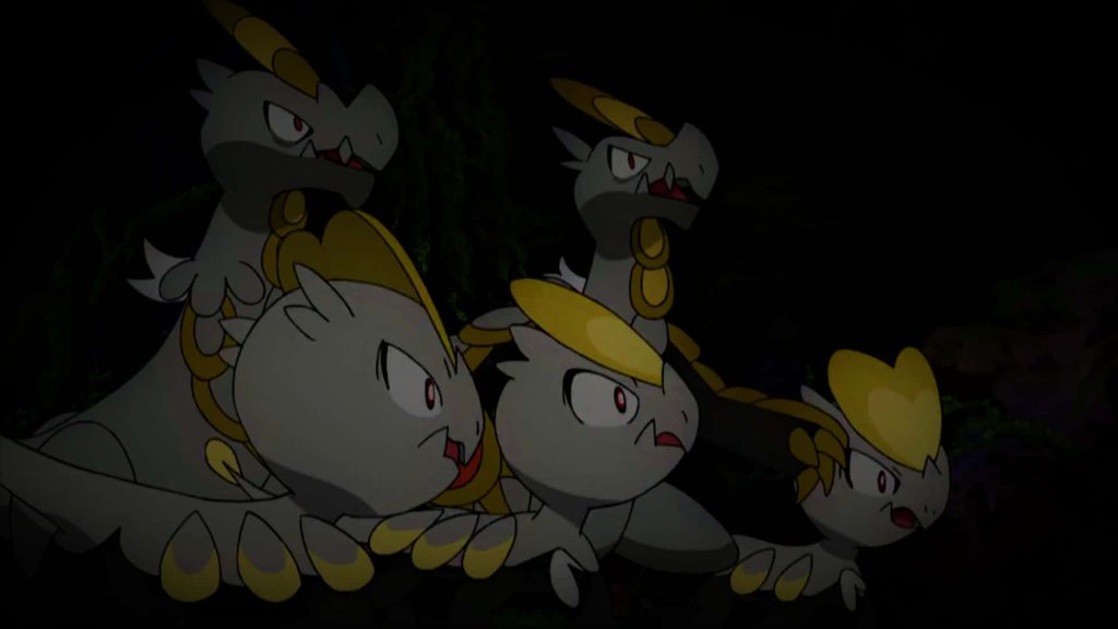 Anime-style Pokémon wallpaper featuring Jangmo-o with yellow heart crests on dark background