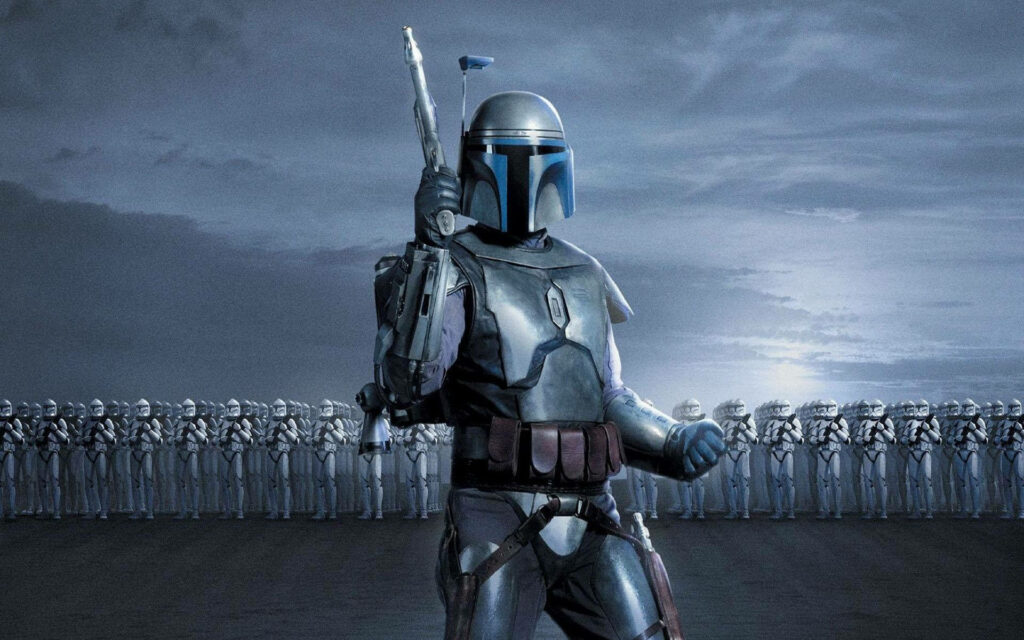 Jango Fett Wallpaper: Mandalorian Bounty Hunter with Clone Troopers