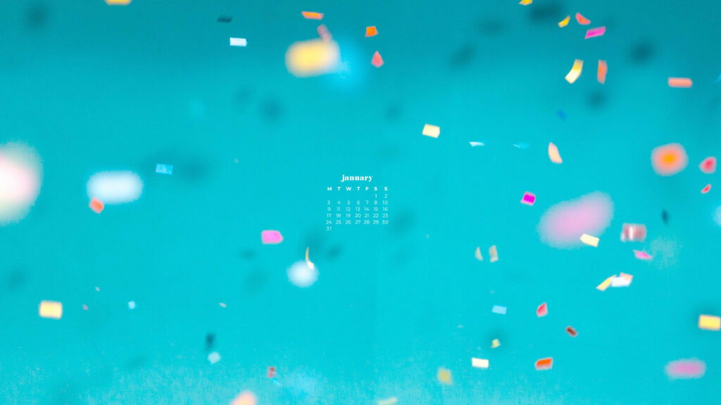 January 2022 calendar wallpaper with colorful confetti on bright turquoise festive background