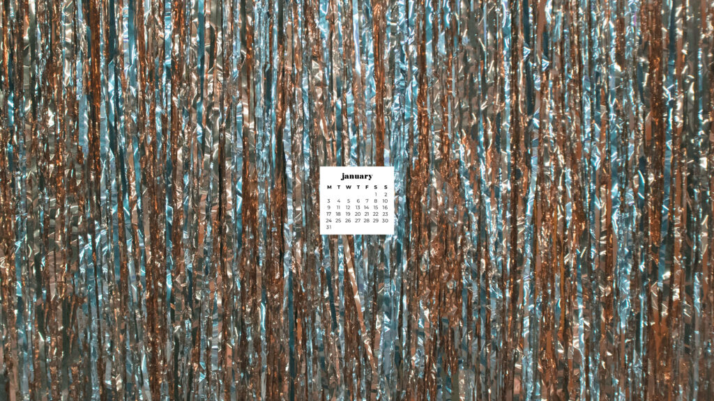 January 2022 calendar on shimmering metallic blue and copper tinsel wall festive wallpaper background