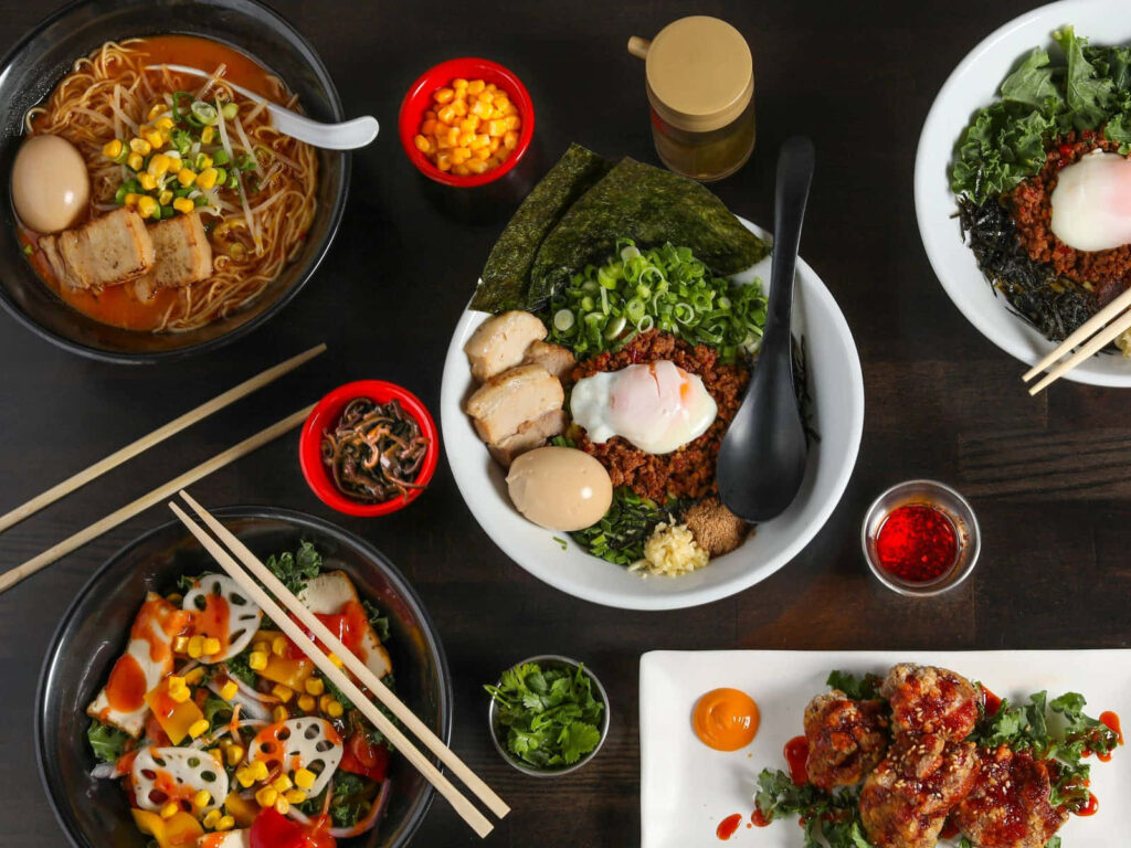 Vibrant Japanese Cuisine Wallpaper: Ramen, Rice Dishes & Sides