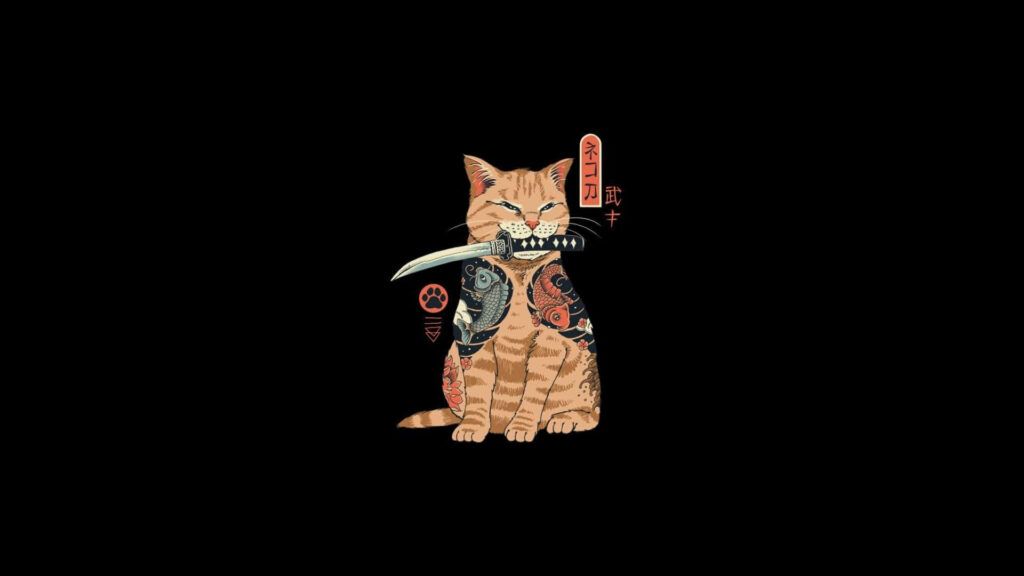 Japanese Minimalist Cat Wallpaper with Tattoos & Samurai Sword