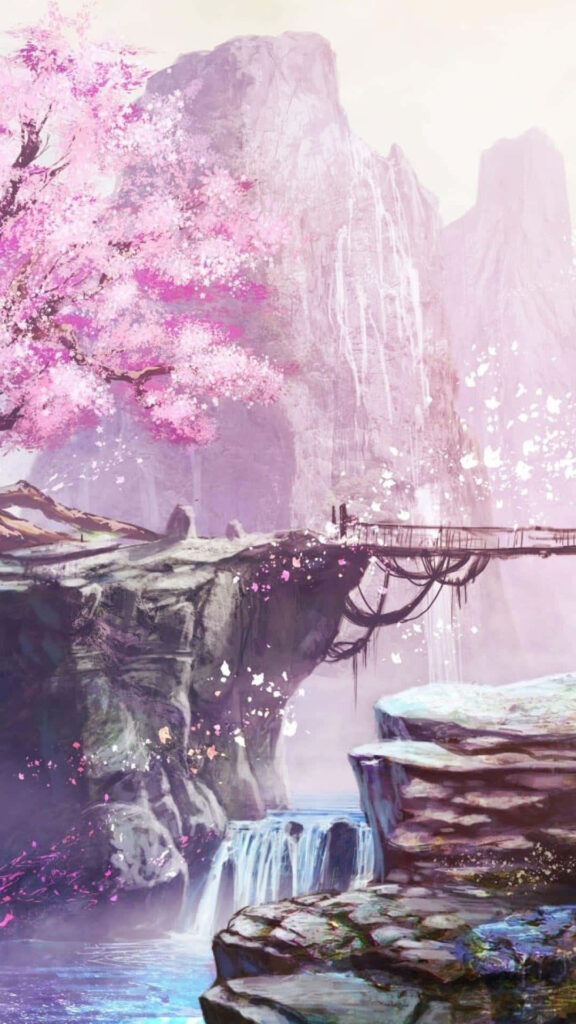 Sakura Cascade: Captivating Japanese Pink Waterfall Bridge Wallpaper