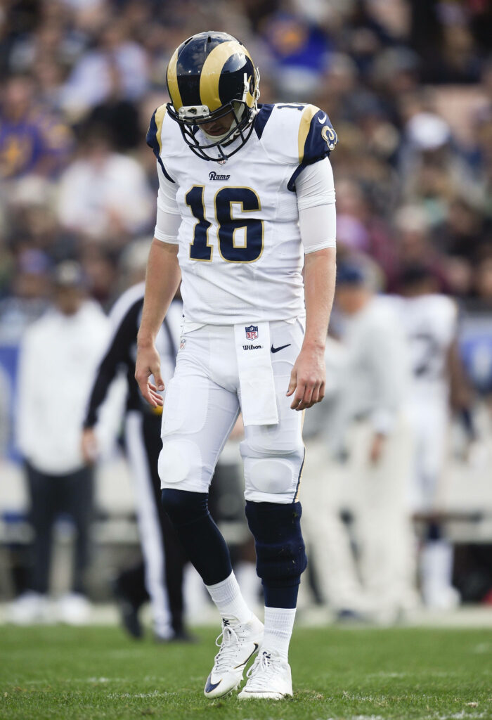 Jared Goff in Rams Uniform: Dynamic Field Wallpaper Background