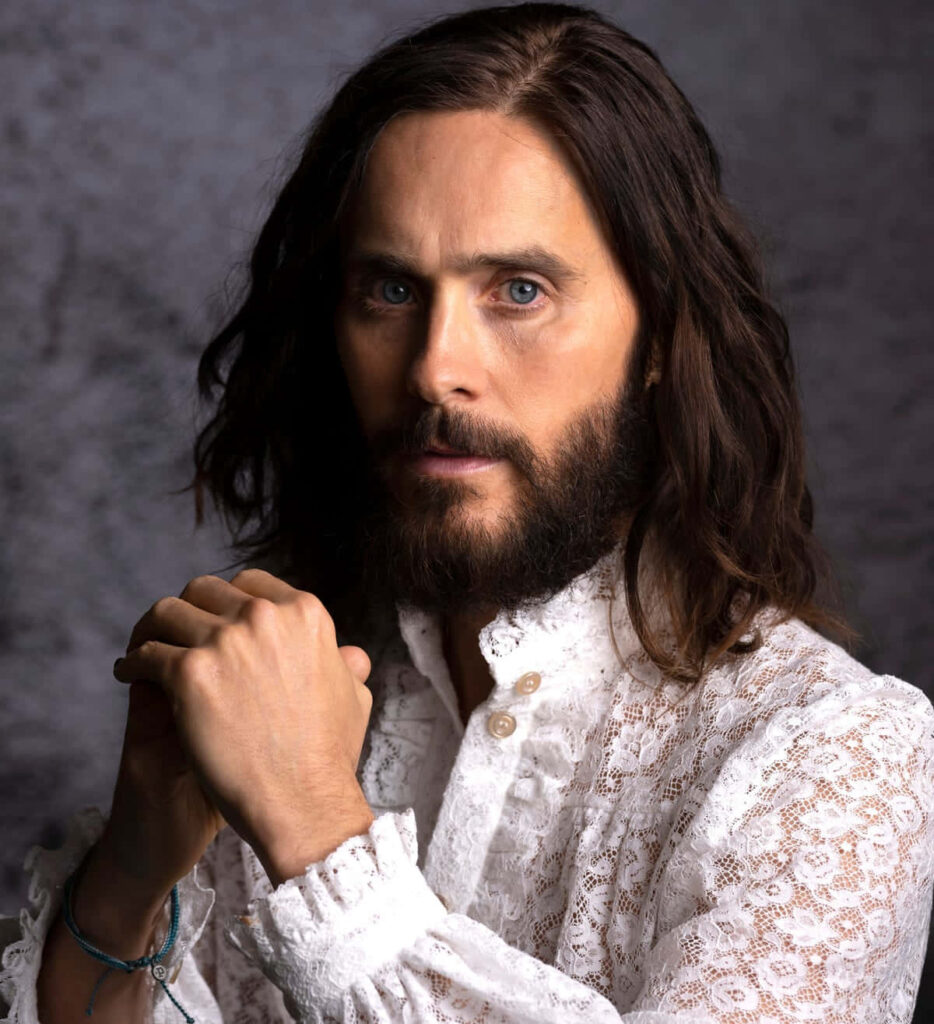 Jared Leto Serene Wallpaper: Long Hair & Lace Outfit Background