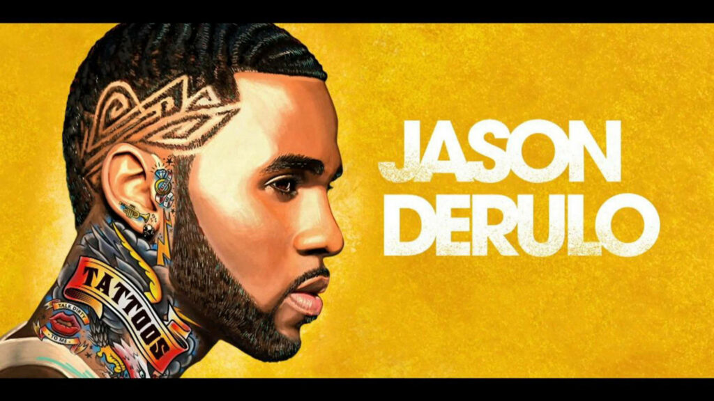 Illustrated Jason Derulo wallpaper with bold neck tattoos bright yellow background name display