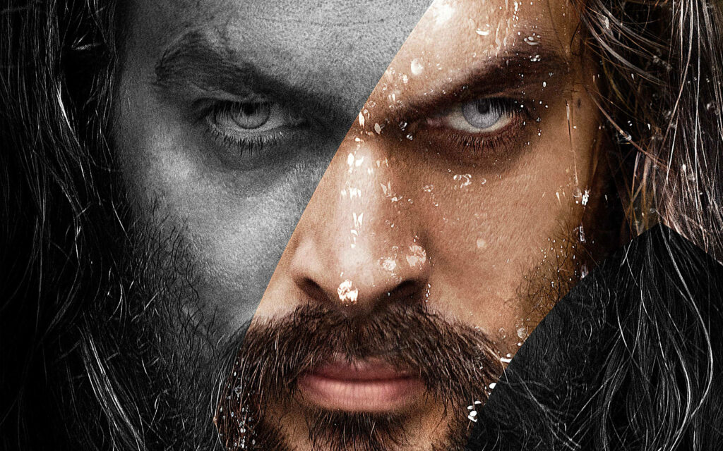 Jason Momoa Frontier close-up wallpaper split color and black white intense rugged expression