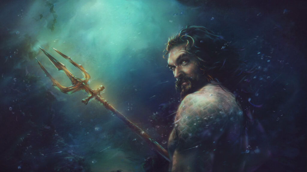 Jason Momoa underwater holding glowing trident with swirling blue currents heroic wallpaper