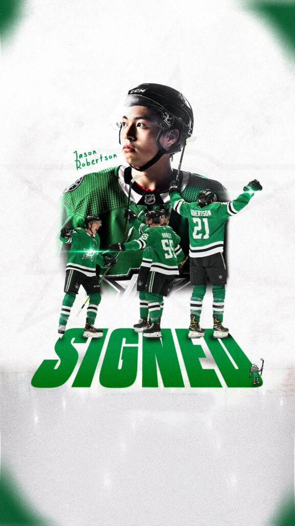 Jason Robertson Dallas Stars fan art wallpaper autograph vibrant green uniform action pose