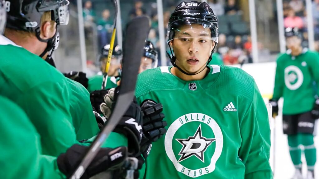 Jason Robertson Dallas Stars green jersey intense focus ice hockey game dynamic wallpaper background