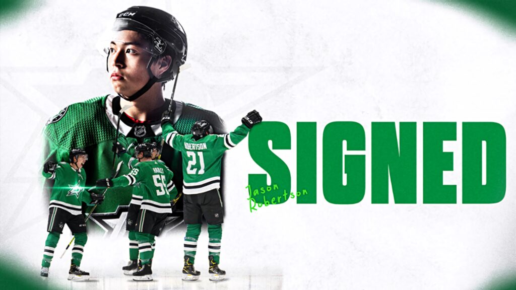Dallas Stars Jason Robertson in green jersey with teammates celebrating bold signed poster wallpaper