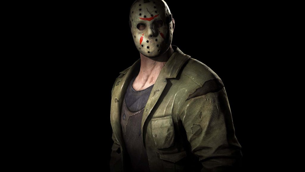 Jason Voorhees 3D render with distressed hockey mask and tattered jacket on black background Wallpaper