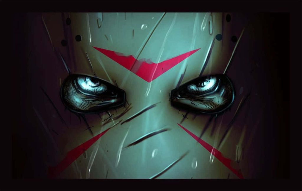 Jason Voorhees hockey mask close up with scratches red markings horror cinematic wallpaper