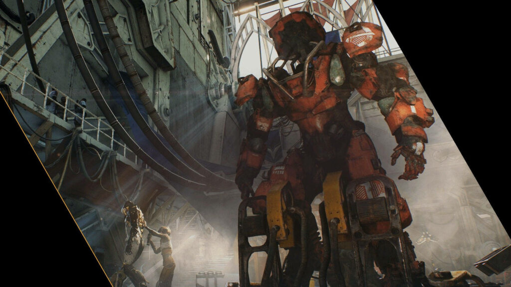Powerful Javelin exosuit ready for action in high tech hangar Anthem game wallpaper background