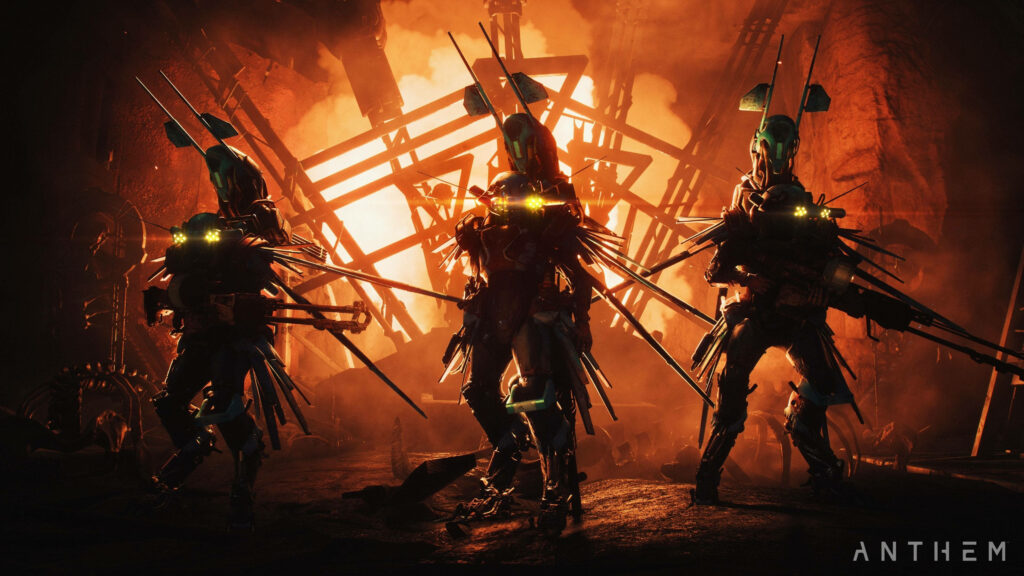 Two Javelin soldiers in advanced exosuits charge into battle with fiery Anthem game background Wallpaper
